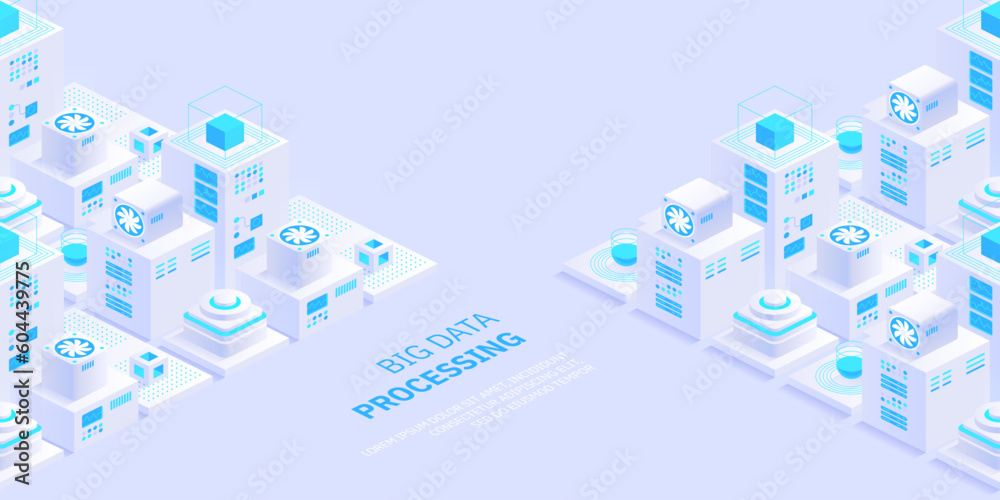 Poster vector isometric server room. quantum computer. cloud storage data center. web hosting. big data pro