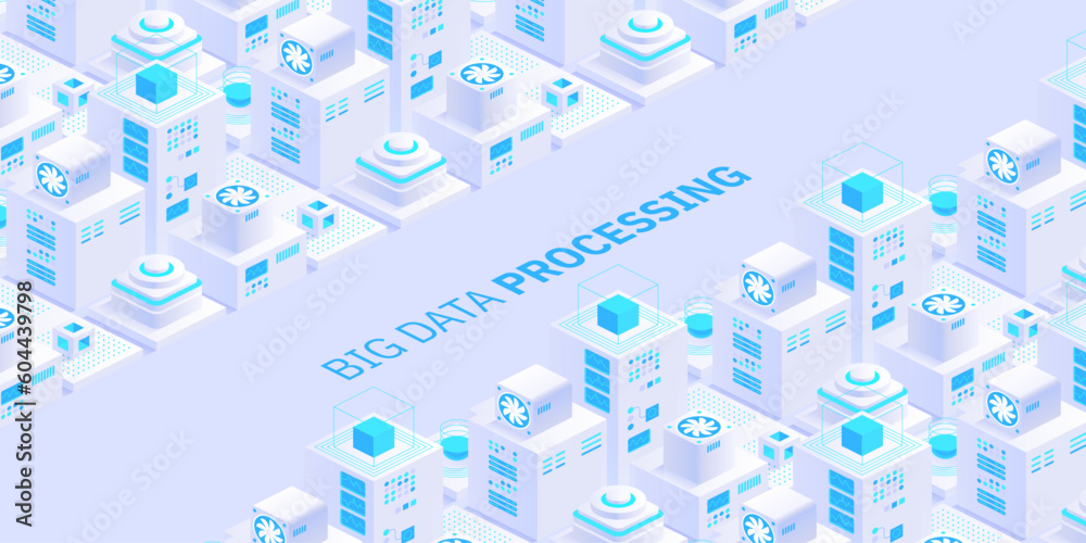 Poster vector isometric server room. quantum computer. cloud storage data center. web hosting. big data pro
