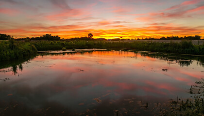 Fototapeta na wymiar Оrange sunset over a video game style pond