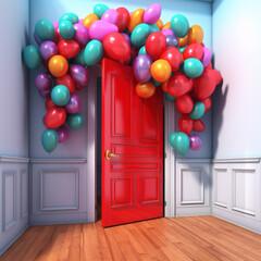Fototapeta premium Red door with colorful balloons in the room. 3D rendering. Ai generative.