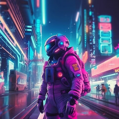 Obraz premium Neon-lit astronaut exploring futuristic cyberpunk city, generative AI