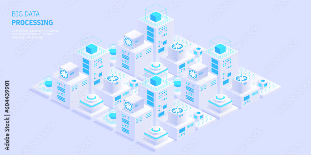 Poster vector isometric server room. quantum computer. cloud storage data center. web hosting. big data pro