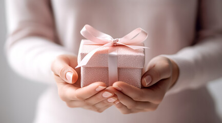 Woman's hands holding a small gift with pink ribbon.
