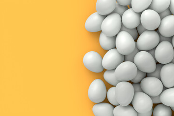 Many farm raw organic white chicken eggs background from local market