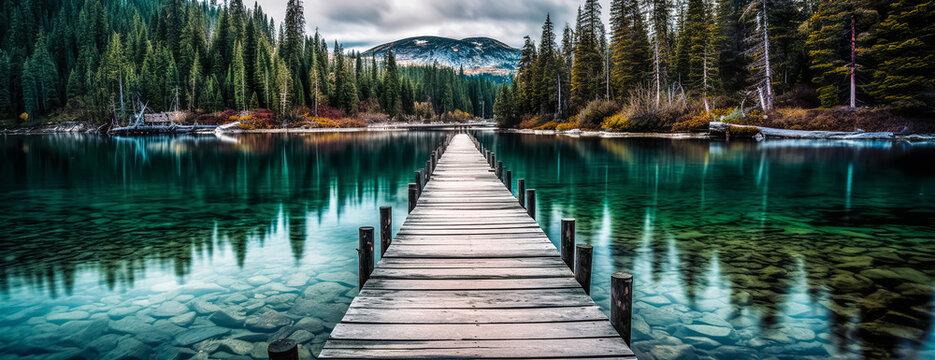 Fototapeta Very long Lake pier at evening with mountains on background. Reflection of the forest in the green water with blue cloudy sky.  panoramic landscape. Long Wooden Pier. 