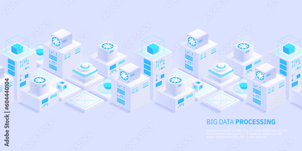 Poster vector isometric server room. quantum computer. cloud storage data center. web hosting. big data pro