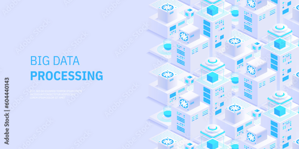 Poster vector isometric server room. quantum computer. cloud storage data center. web hosting. big data pro