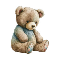 Seated Teddy Bear Isolated Watercolor Illustration, Generative AI