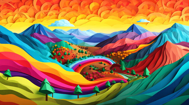 Colorful mountain landscape with colorful forest and rainbow. Papercut art,  illustration. AI Generative.