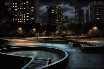 AI Generated Hyperrealism skatepark night view in the city background