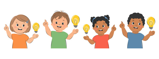 Kids with an idea, with lightbulb. Cartoon characters girl and boy for children design. Knowledge, creative thinking and education concept. Vector illustration