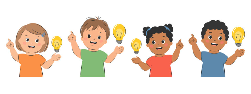 Kids with an idea, with lightbulb. Cartoon characters girl and boy for children design. Knowledge, creative thinking and education concept. Vector illustration