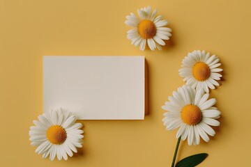 three daisies and a blank card on a bright yellow background. Generative AI