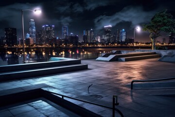 Fototapeta na wymiar AI Generated Hyperrealism skatepark night view in the city background