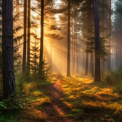 Foggy morning in the forest. Landscape with sunbeams. Ai generative.