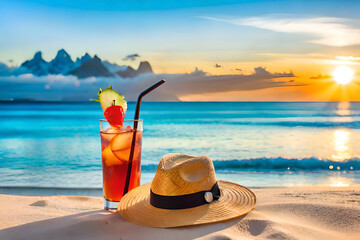 Straw hat with a exotic cocktail on sand beach