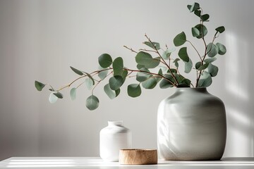Minimalist still life with a white wall, a white table, and a green eucalyptus branch. Generative AI - obrazy, fototapety, plakaty