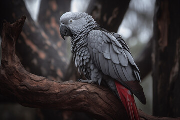 Fototapeta premium African grey parrot, sitting on a tree in front of approaching storm - Generative AI
