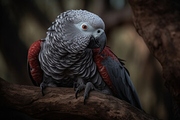 Obraz premium African grey parrot, sitting on a tree in front of approaching storm - Generative AI