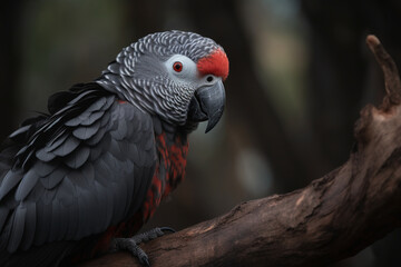 Obraz premium African grey parrot, sitting on a tree in front of approaching storm - Generative AI