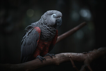 Fototapeta premium African grey parrot, sitting on a tree in front of approaching storm - Generative AI