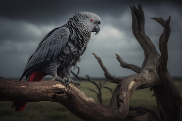 Obraz premium African grey parrot, sitting on a tree in front of approaching storm - Generative AI