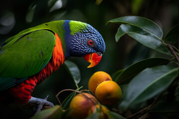 curious colorful parrot inspecting fruit and eating from branch - Generative AI