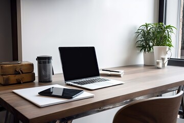 laptop and desk at work. Blank screen and copy space Business attire, a laptop with a blank screen, and supplies. Generative AI