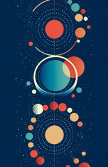 Christmas card with ornamentation circles on a dark blue background, polka dots, multi-coloured minimalism, space chrismas gift cards. Generative Ai Illustration.