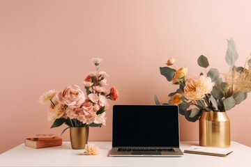 Laptop and floral arrangement against a pink background. Front picture of a modern, minimalist home office desk. Hero header mockup on a blank screen. social media, a blog, and a website Generative AI
