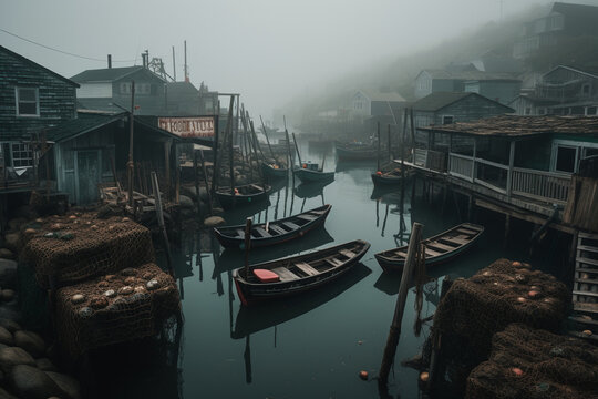 Small fishing village covered in dense fog representing overfishing - Generative AI