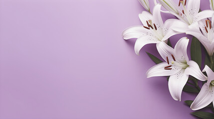 White Lilies on Lavender Background Top View in Flat Lay Style. Copyspace for Mother's Day, Easter or Sale Banner.