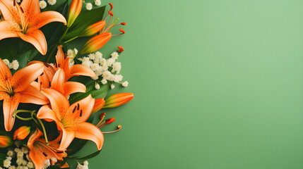 Orange Tiger Lilies on Citrus Green Background Top View in Flat Lay Style. Copyspace for Travel or Summer Sale Banner