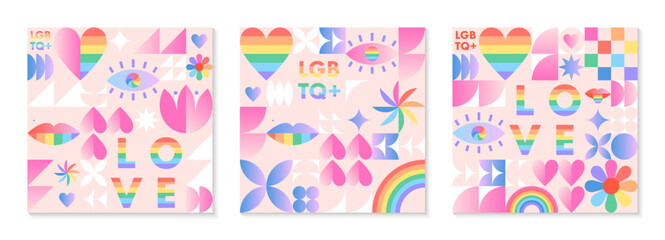 Pride month pattern templates.LGBTQ+ community vector illustrations in bauhaus style with geometric elements and rainbow lgbt symbols.Human rights movement concept.Gay parade.Colorful cover designs.