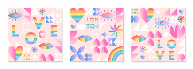 Pride month pattern templates.LGBTQ+ community vector illustrations in bauhaus style with geometric elements and rainbow lgbt symbols.Human rights movement concept.Gay parade.Colorful cover designs.