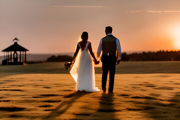 Bride and groom holding hands at sunset.