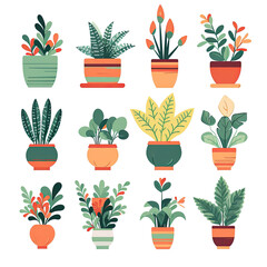 Potted plants set. Interior houseplants in flowerpots. Home indoor green decor. Generative AI