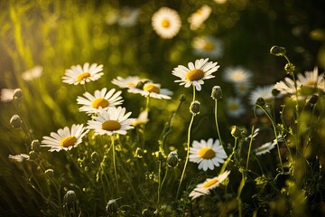 sunlit field of white daisies. Generative AI