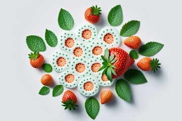 cluster of ripe, red strawberries resting on a clean white surface. Generative AI