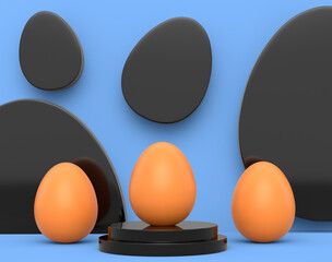 Farm brown eggs on podium standing in line on blue background