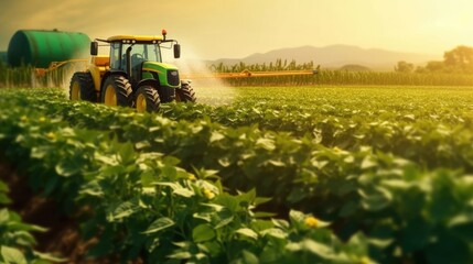 A spring generation soybean field being sprayed with pesticides by tractor. (Generative AI) - 604442945