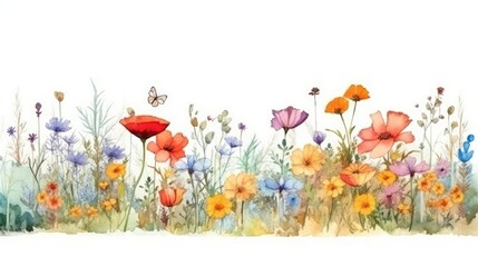 Fototapeta na wymiar A watercolor meadow border for your designs. (Generative AI)