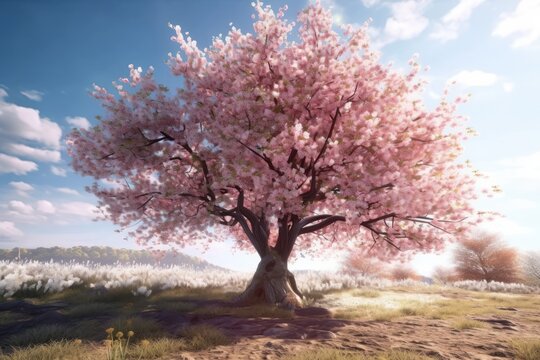AI Generated hyperrealistic cinematic blossom cherry tree in sunlight background