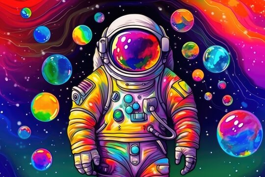A pop art concept of an astronaut amidst a colorful bubble galaxy on a far-off planet. (Generative AI)