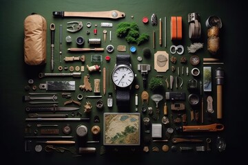 AI Generated Knolling the process of arranging a group of related objects in a clean tools equipment background