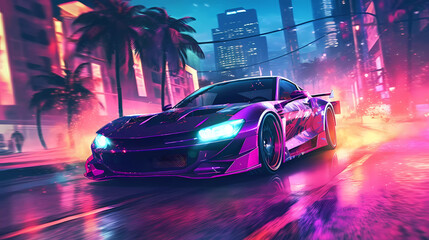 Car drifting action scene in the city at night concept art speed race , AI	
 - obrazy, fototapety, plakaty