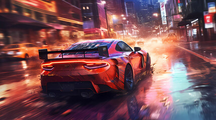 Car drifting action scene in the city at night concept art speed race , AI	
