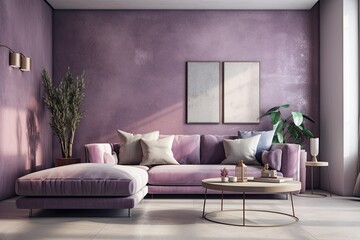 Living room hallway lounge with a vibrant accent wall made of stucco. Sofa and seats in bright lavender color. Design of a luxurious interior room mockup. Generative AI