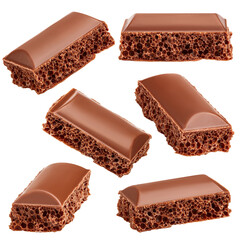 porous chocolate pieces, isolated on white background, clipping path, full depth of field