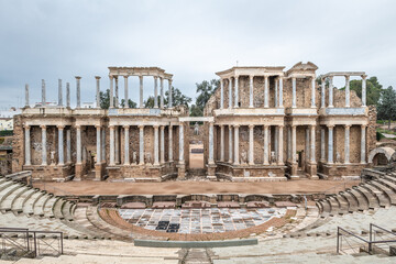 Wide-angle view of the Roman Theatre of Merida in Extremadura, Spain. Built in the years 16 to 15 BCE, it is still one of the most famous and visited landmarks in Spain. - 604443924